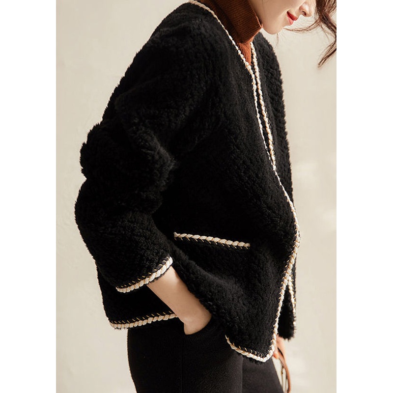 Elegant Black O Neck Pockets Patchwork Wool Coat Winter