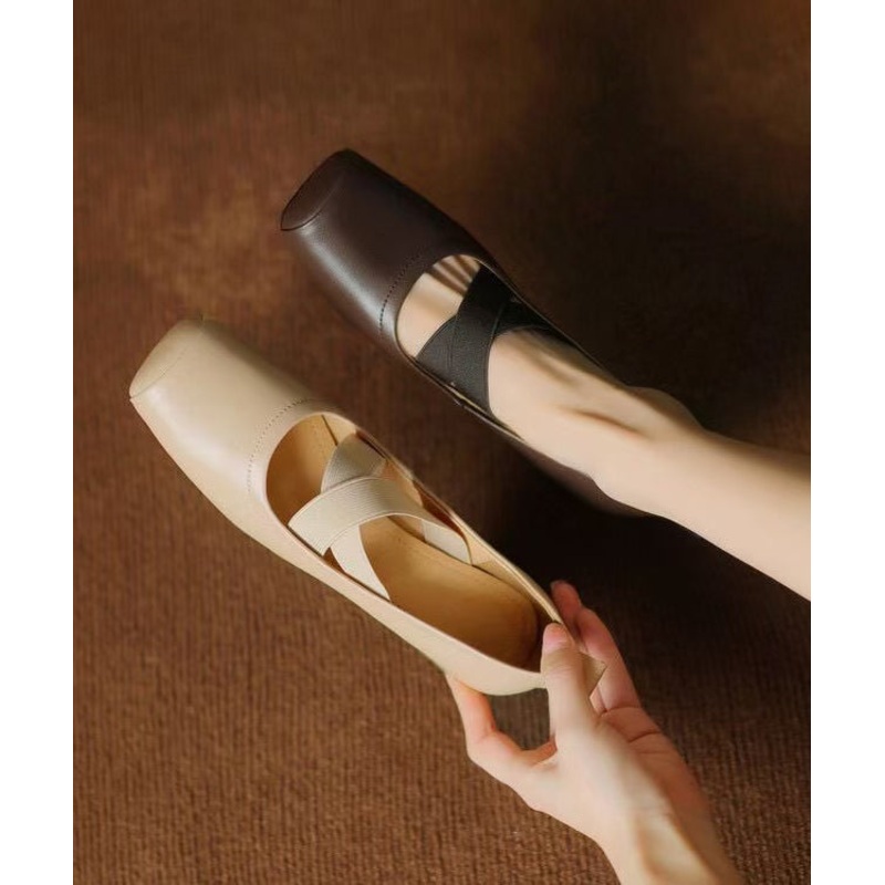 Elegant Cross Strap Splicing Chunky Loafers Brown Sheepskin