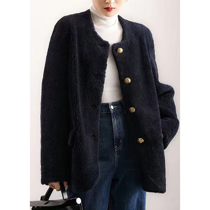 Elegant Navy O Neck Pockets Button Patchwork Wool Coat Winter