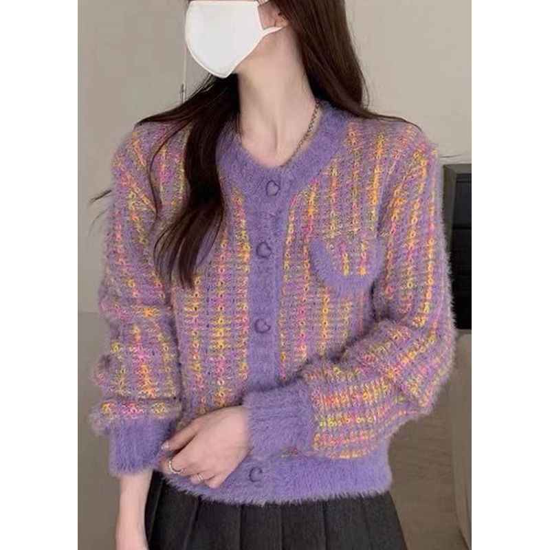 Elegant Purple O Neck Button Mink Hair Knitted Coats Fall