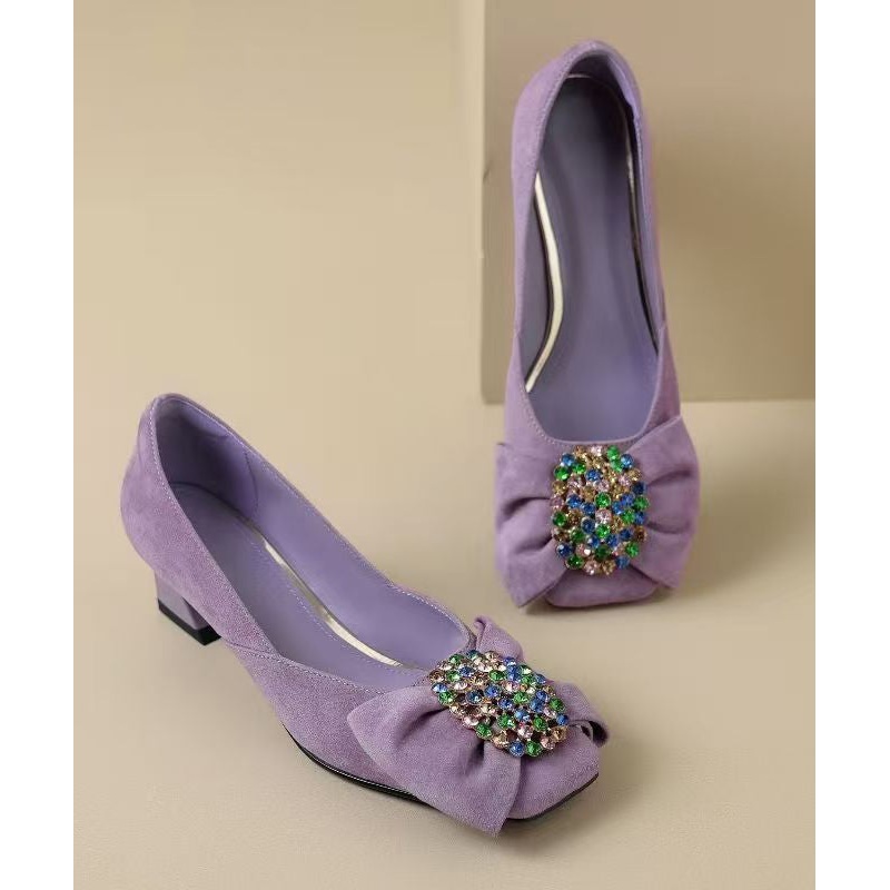 Fashion Purple Bow Zircon Splicing Chunky High Heels
