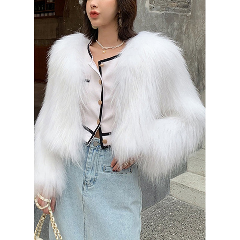 Fashion White V Neck Patchwork Faux Fur Coat Winter