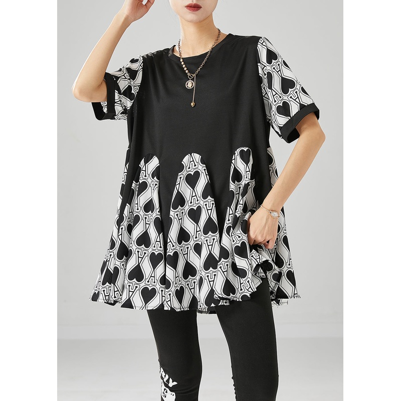 Fine Black Oversized Patchwork Love Print Chiffon Shirt Tops Summer