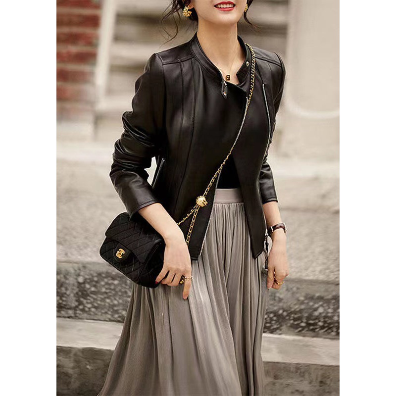 Fine Black Stand Collar Zip Up Pockets Patchwork Sheepskin Jackets Fall