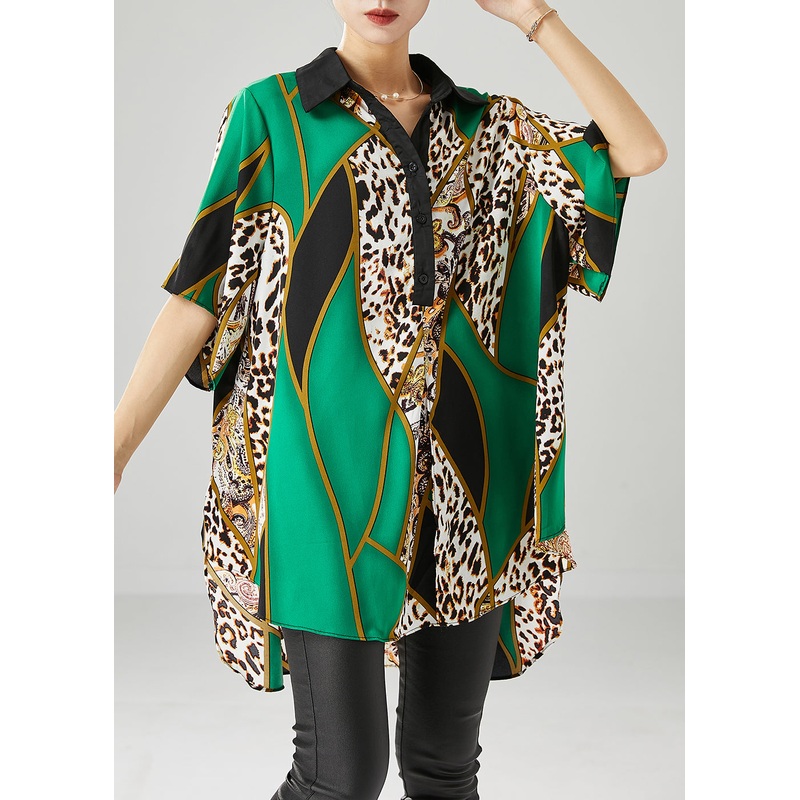 Fine Green Oversized Leopard Print Chiffon Shirts Summer