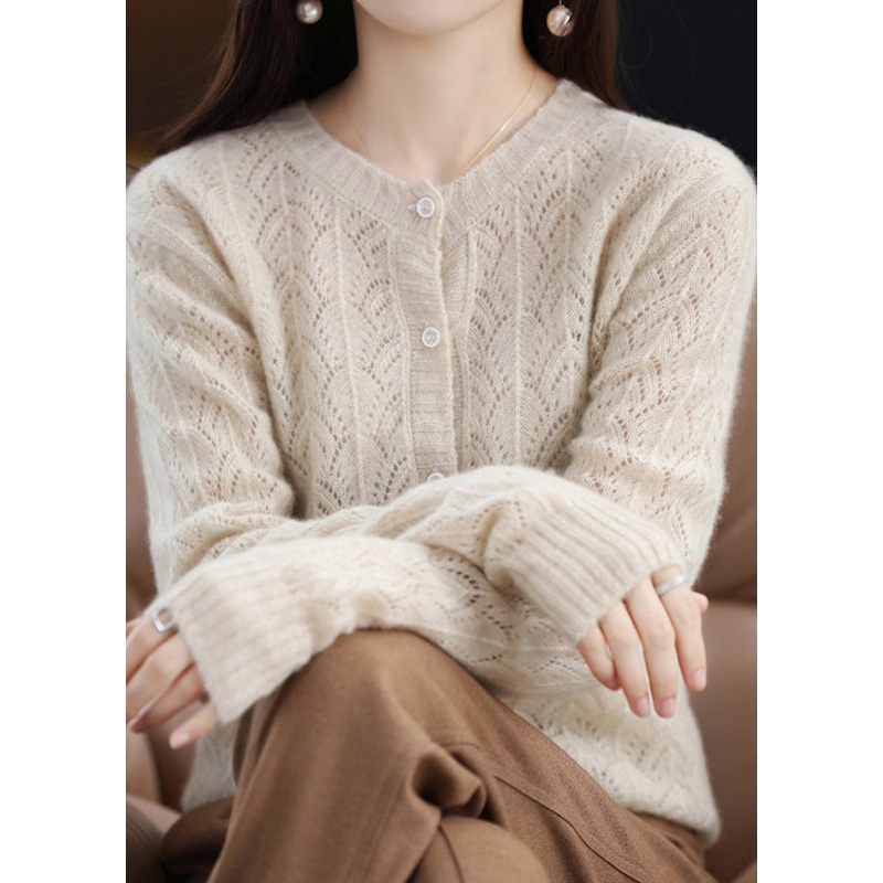 Fitted Beige O Neck Hollow Out Button Patchwork Woolen Cardigans Fall