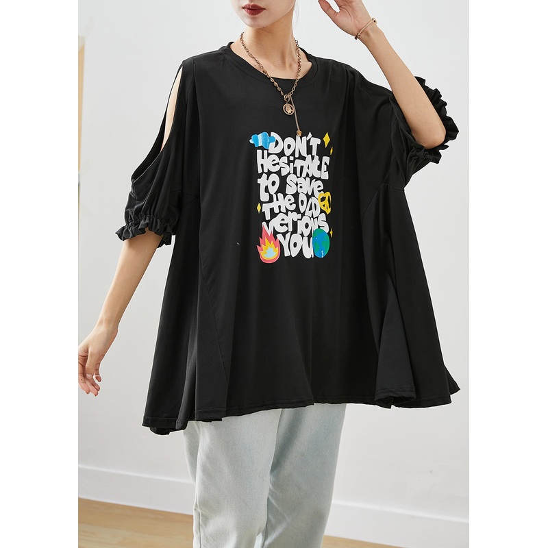 Fitted Black Cold Shoulder Oversized Cotton Tank Tops Summer