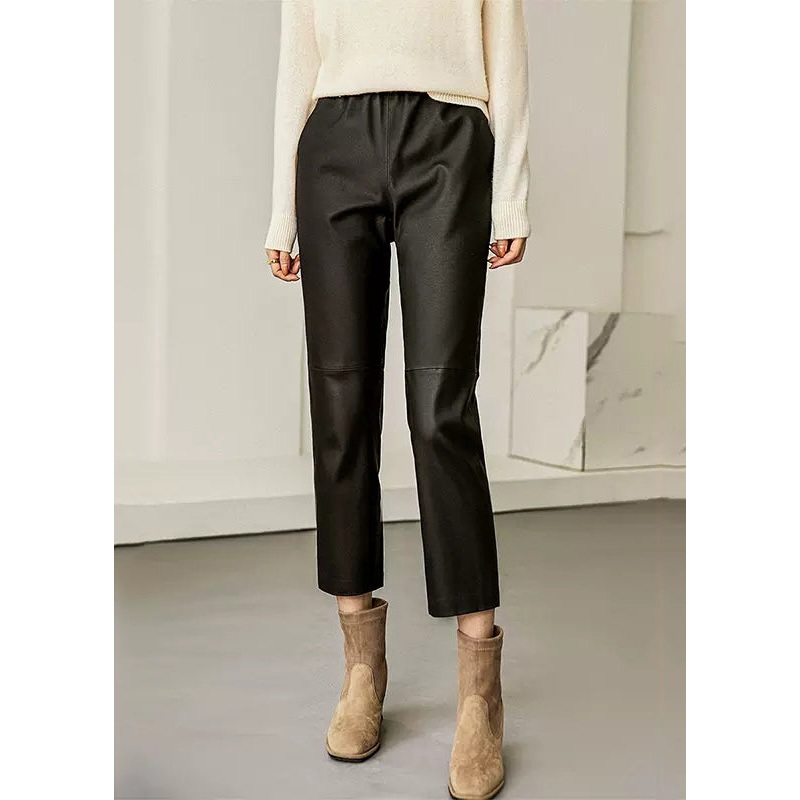 Fitted Black Patchwork Faux Leather Crop Pants Fall