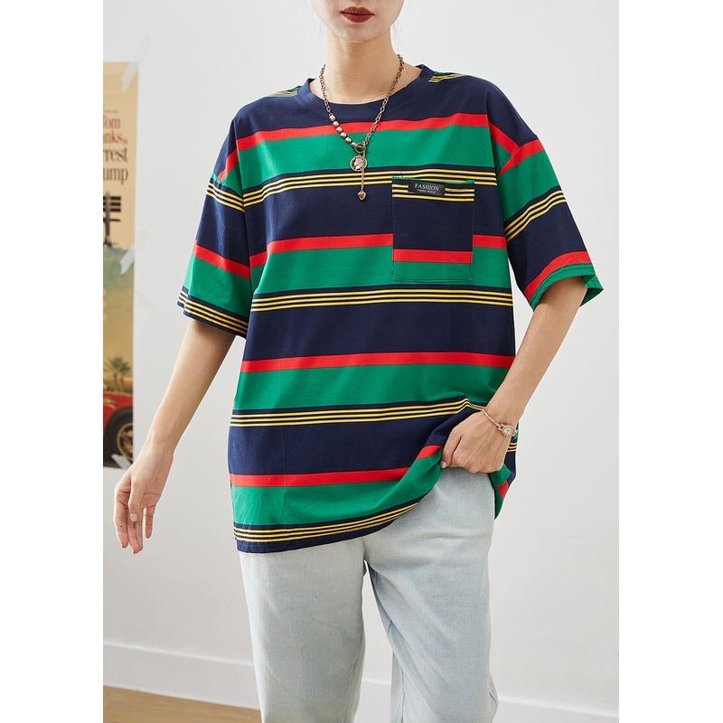 Fitted Navy Green Striped Pockets Cotton Tanks Summer