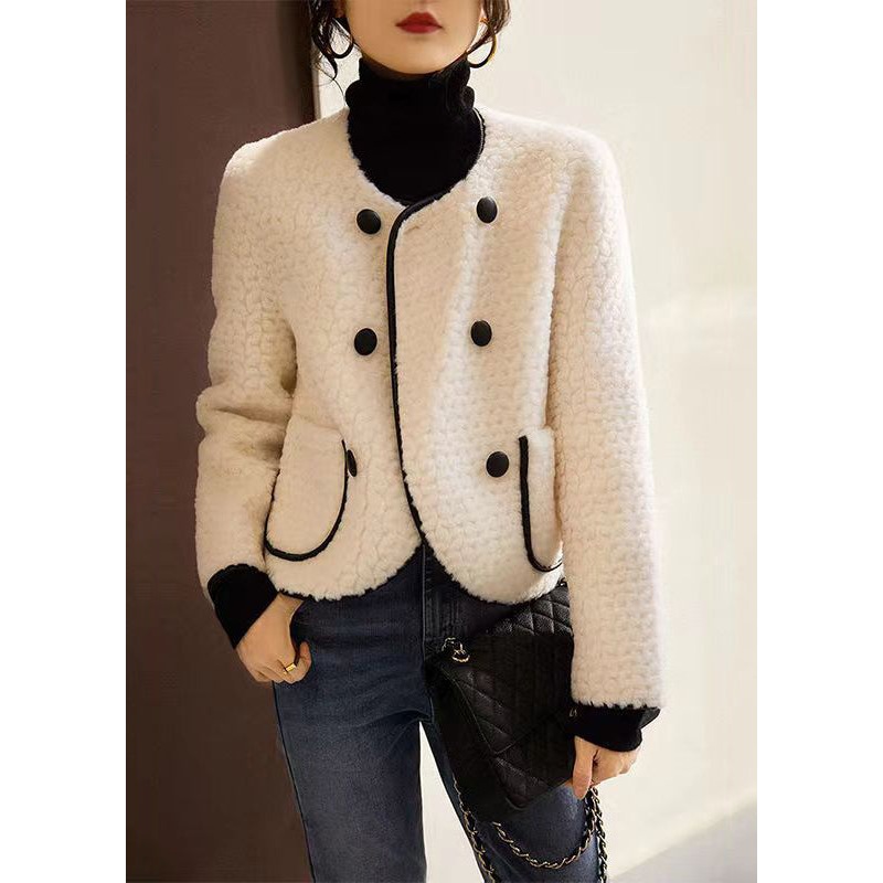 French Beige O Neck Pockets Patchwork Wool Coats Winter