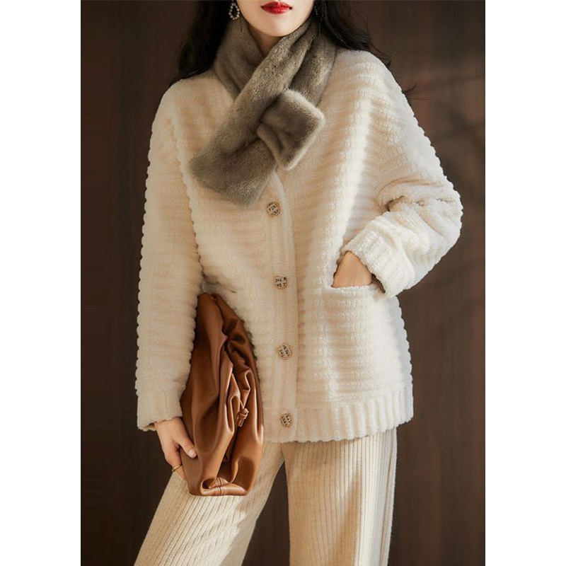 French Beige V Neck Pockets Patchwork Wool Jackets Winter