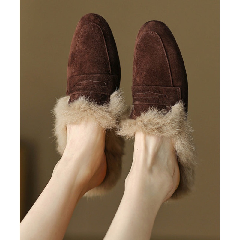 French Brown Suede Splicing Slippers Shoes Fuzzy Wool Lined