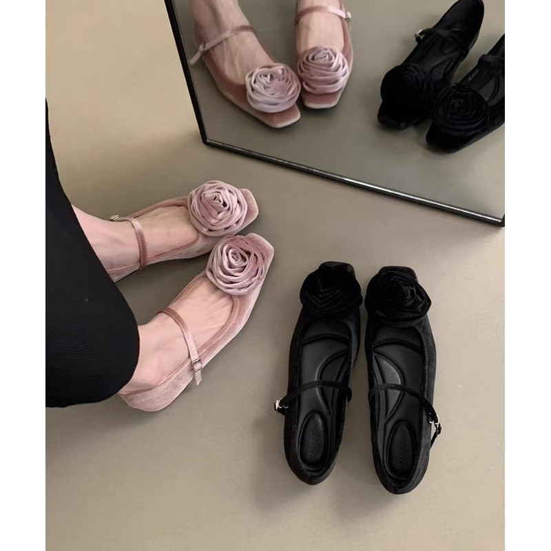 French Floral Lace Up Splicing Flat Feet Shoes Pink Velour