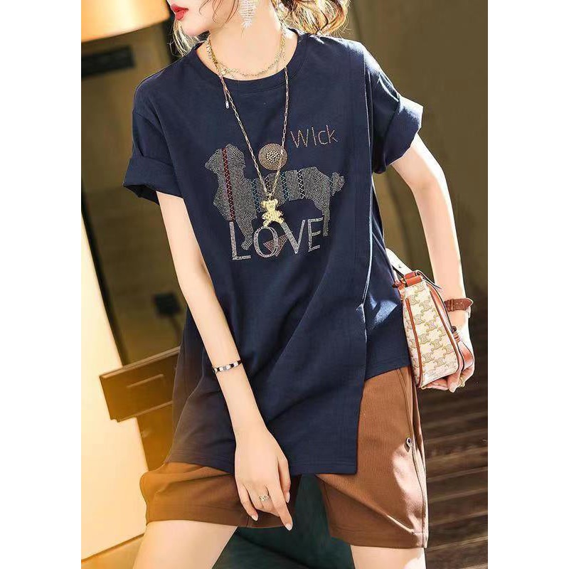 French Navy O Neck Zircon Patchwork Cotton T Shirt Summer