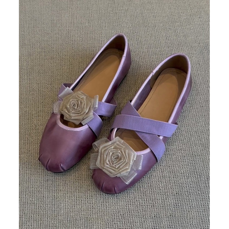 French Purple Flats Cowhide Leather Fine Splicing Floral