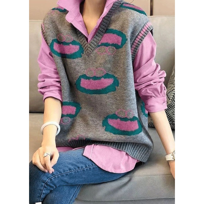French Rose Peter Pan Collar Shirts And Vest Knit Two Pieces Set Fall