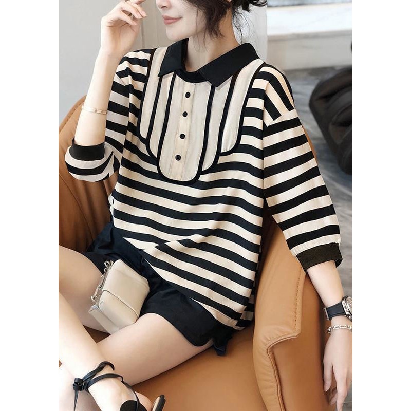 French Striped Peter Pan Collar Patchwork Cotton Tops Bracelet Sleeve