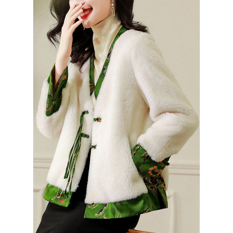 French White V Neck Tasseled Patchwork Wool Coat Winter