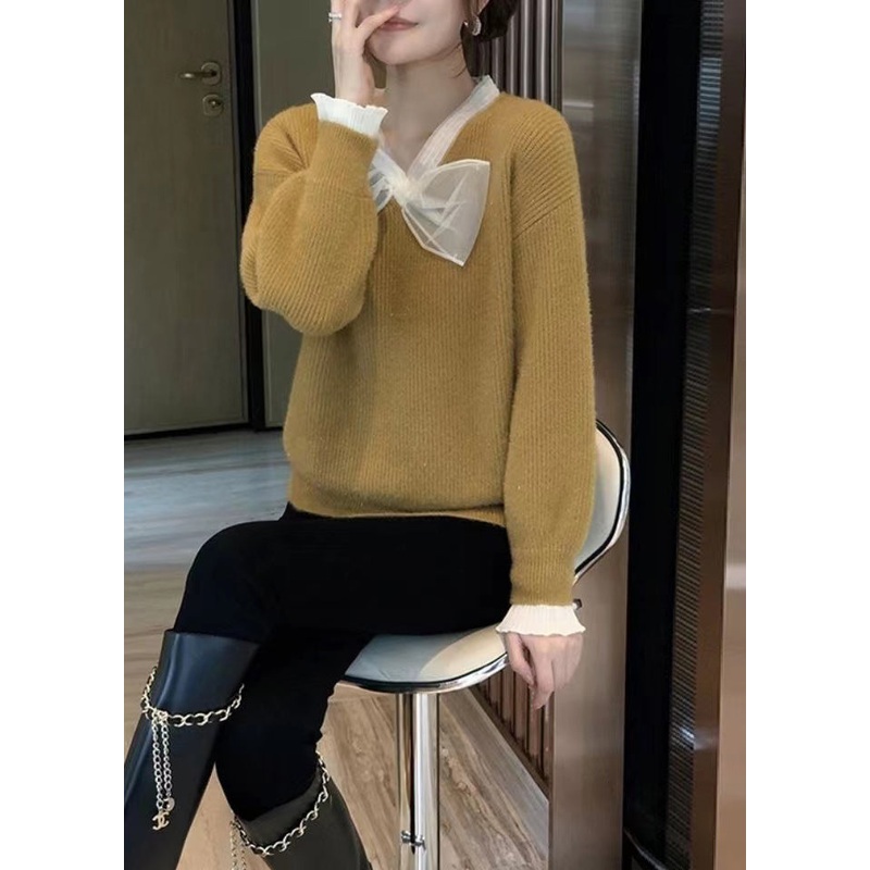 French Yellow V Neck Bow Patchwork Woolen Knitted Sweaters Fall