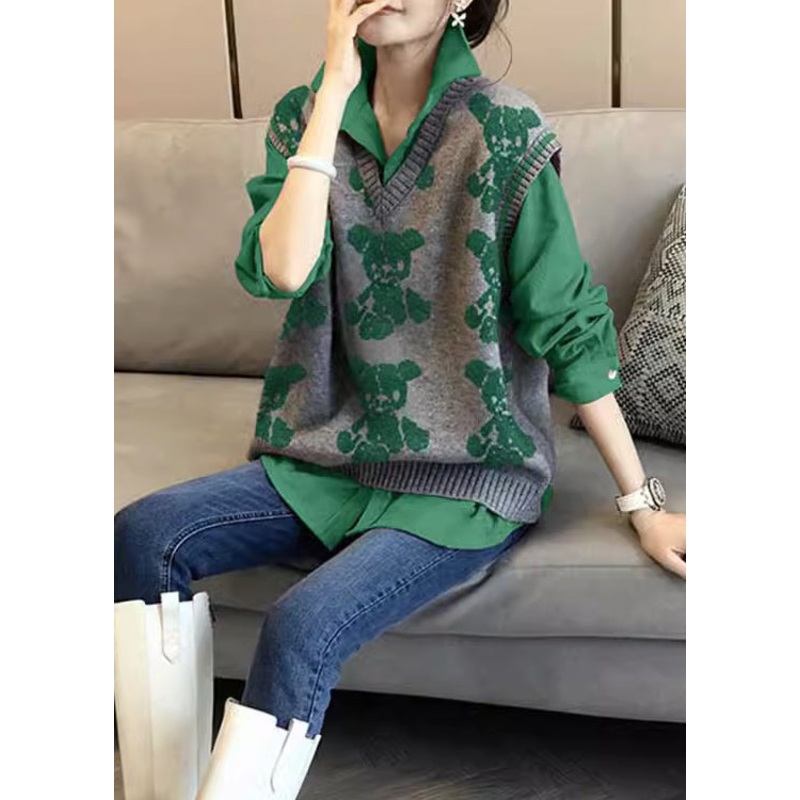 Green Knitted Vest Shirt Casual Age Reducing Two Piece Set Autumn New