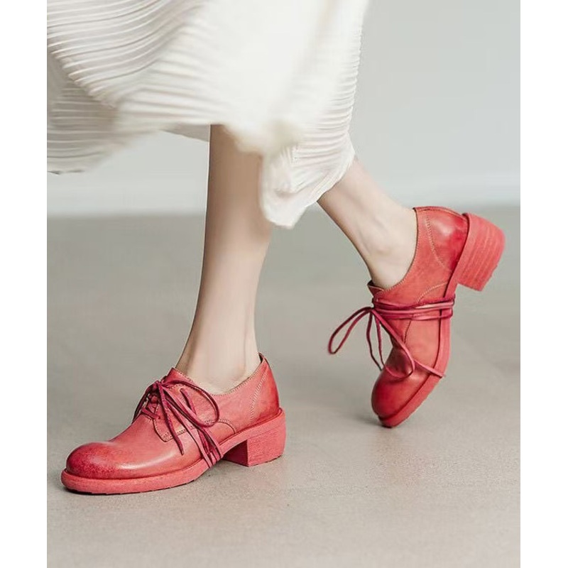 Handmade Comfy Pink Chunky Heel Horsehide Lace Up