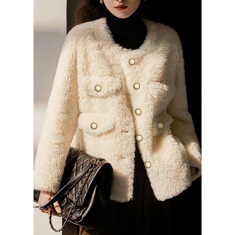Italian Beige O Neck Pockets Button Patchwork Wool Coats Winter