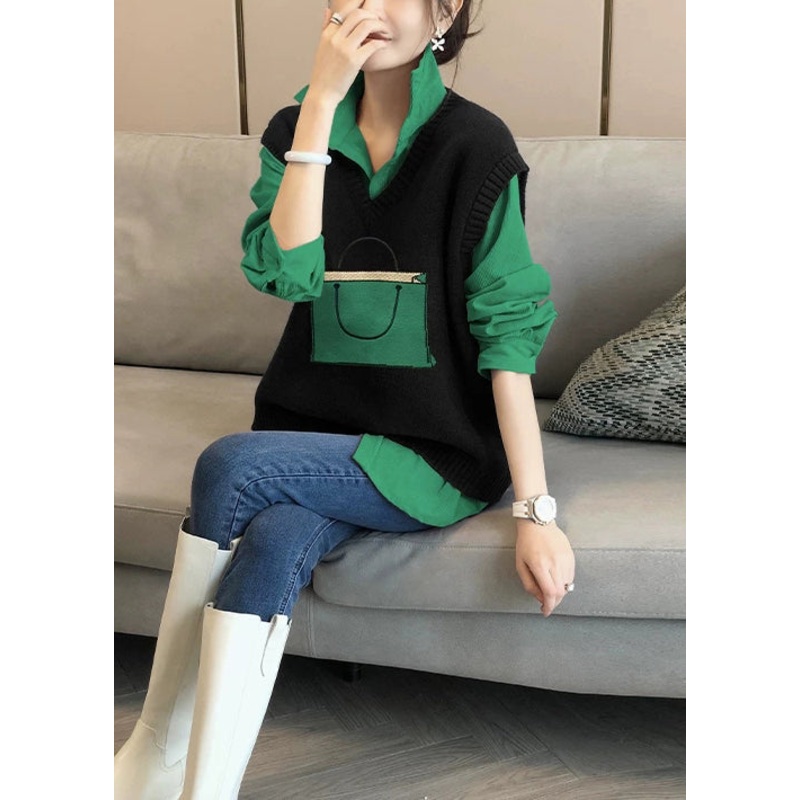 Italian Black Knit Vest And Shirts Patchwork Two Pieces Set Fall