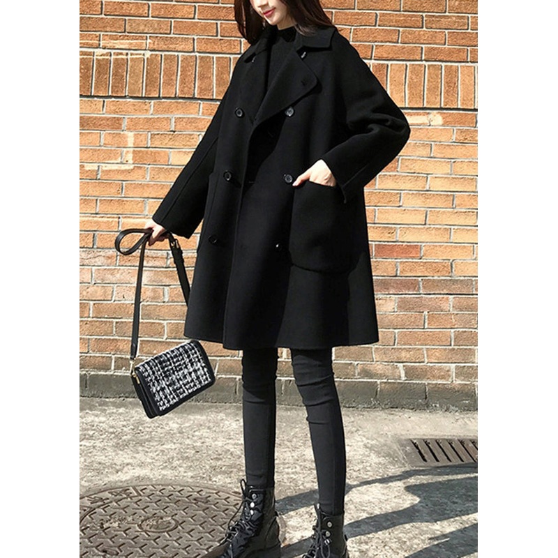Italian Black Peter Pan Collar Pockets Patchwork Woolen Coats Fall