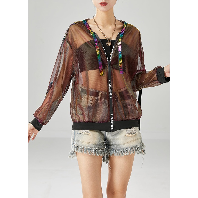Italian Brown Hooded Patchwork Hollow Out Tulle Coats Fall