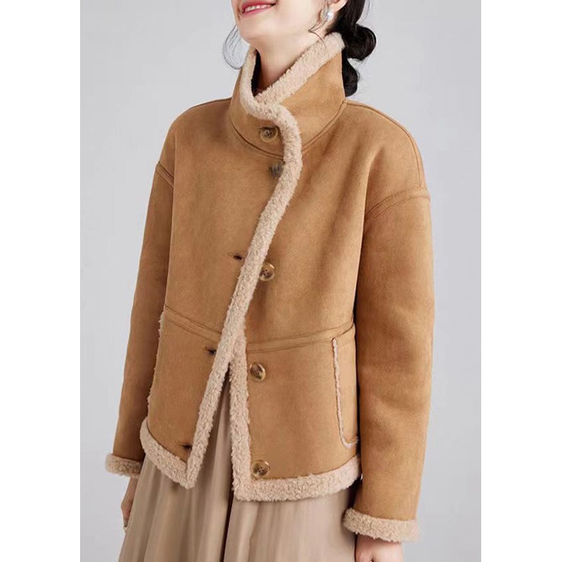 Italian Camel Stand Collar Button Patchwork Wool Coats Winter