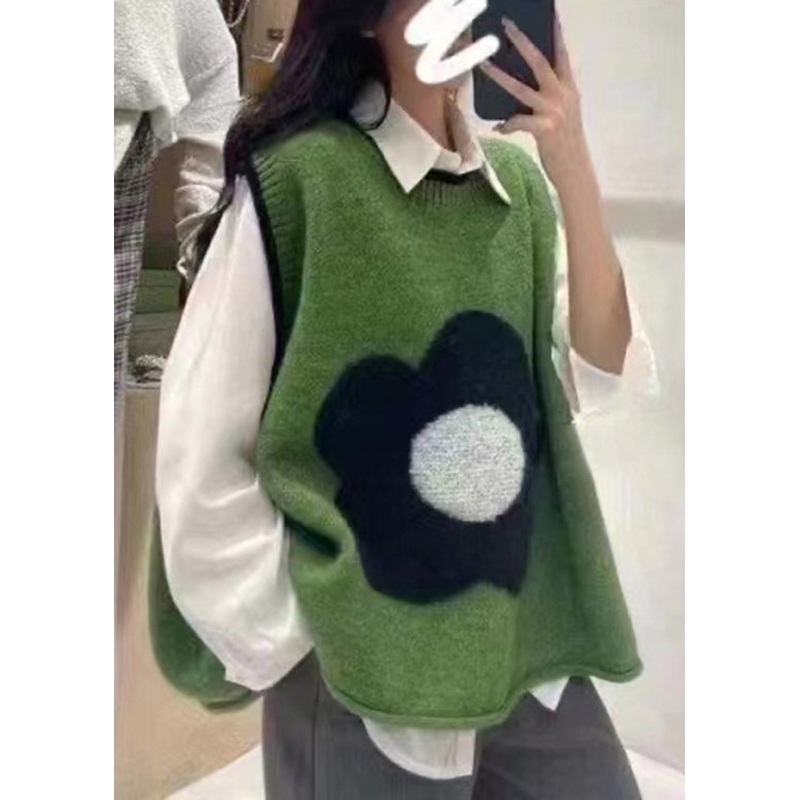 Italian Green O Neck Floral Patchwork Knit Vest Sleeveless
