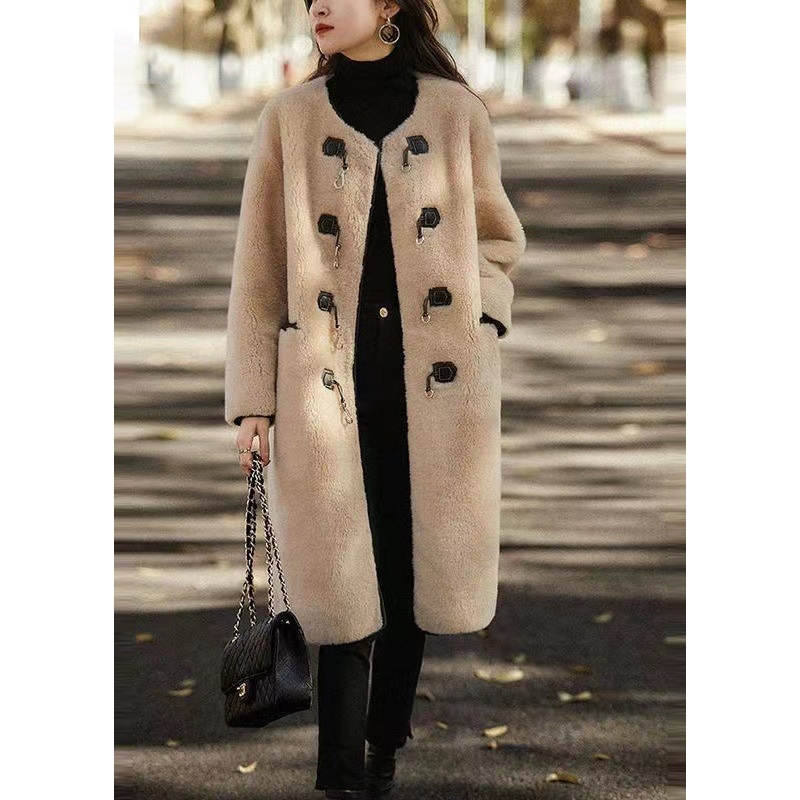 Light Camel Pockets Patchwork Wool Trench Button O Neck Winter