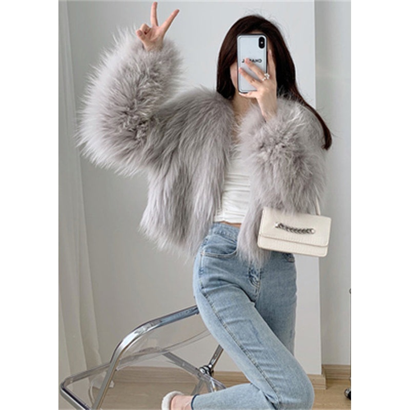 Light Grey Patchwork Faux Fur Coat V Neck Winter