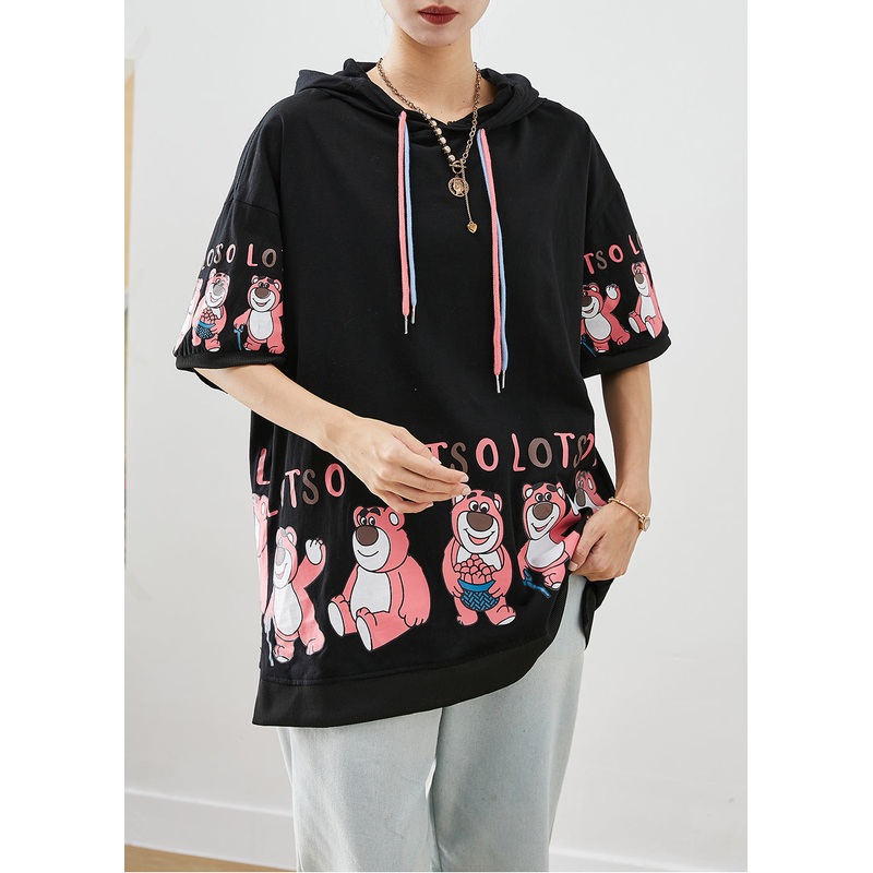 Loose Black Hooded Bears Print Cotton Sweatshirts Tops Fall