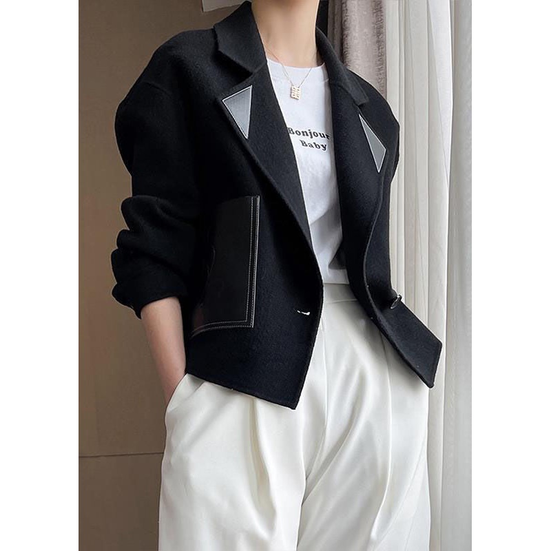 Loose Black Peter Pan Collar Patchwork Woolen Coats Fall