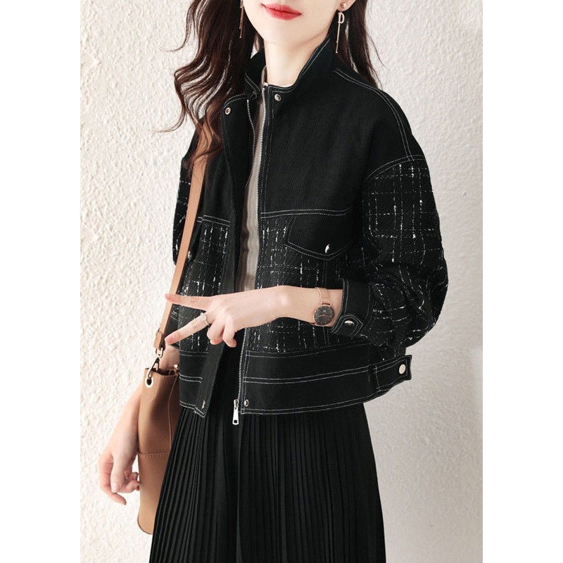 Loose Black Plaid Zip Up Patchwork Denim Coat Fall
