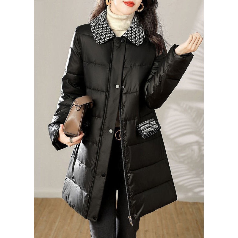 Loose Black Zip Up Tie Waist Patchwork Cotton Filled Coat Winter