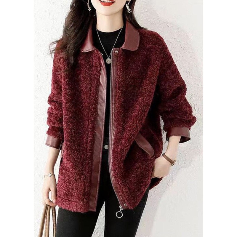Loose Wine Red Zippered Patchwork Teddy Faux Fur Coat Winter