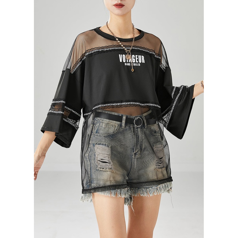 Modern Black Hollow Out Patchwork Tulle Tank Tops Summer