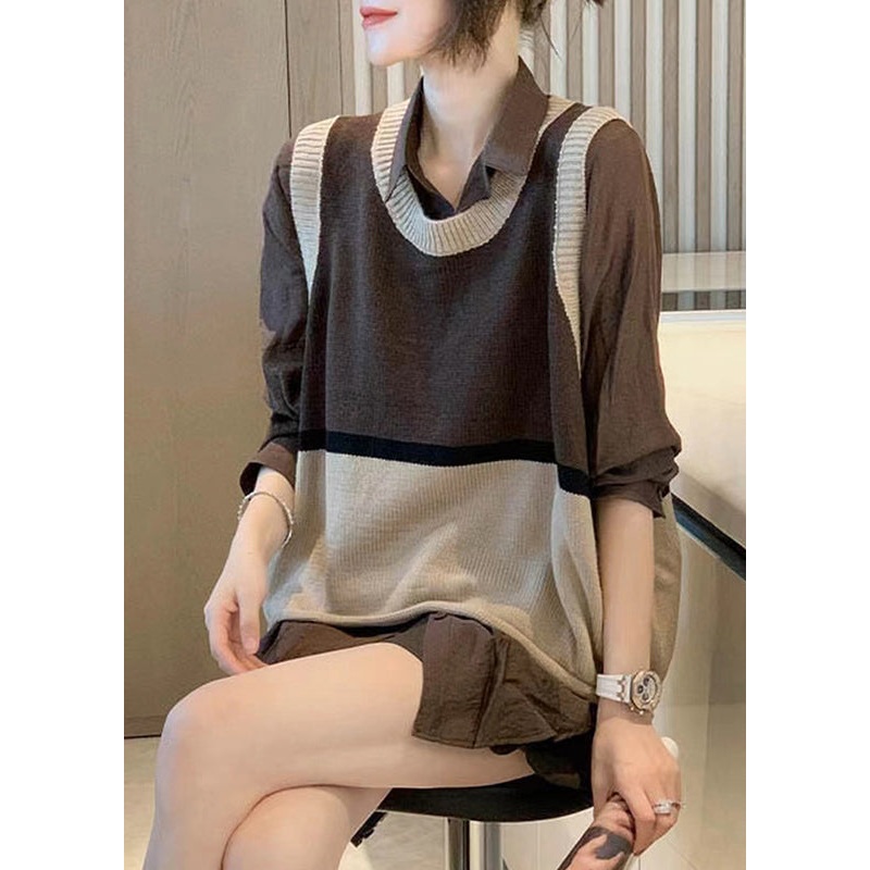 Modern Coffee Peter Pan Collar Patchwork Knit 2 Piece Outfit Fall