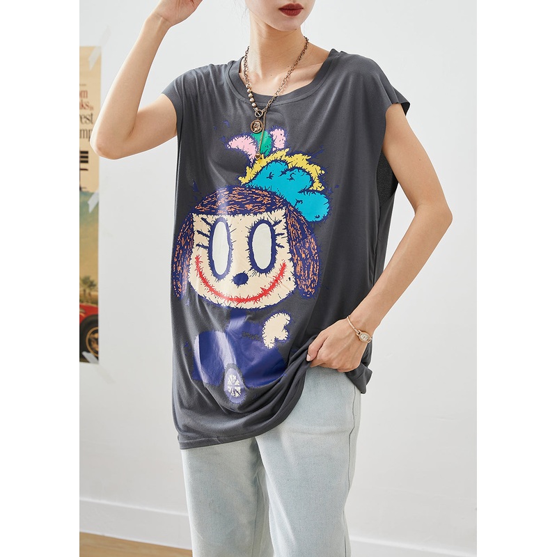 Modern Grey Oversized Cartoon Applique Cotton Vest Tops Sleeveless