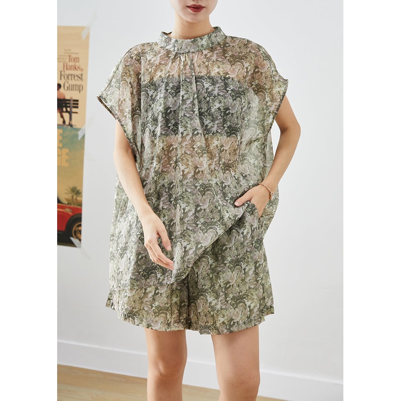 Natural Green Print Oversized Cotton Two Piece Set Women Clothing Summer