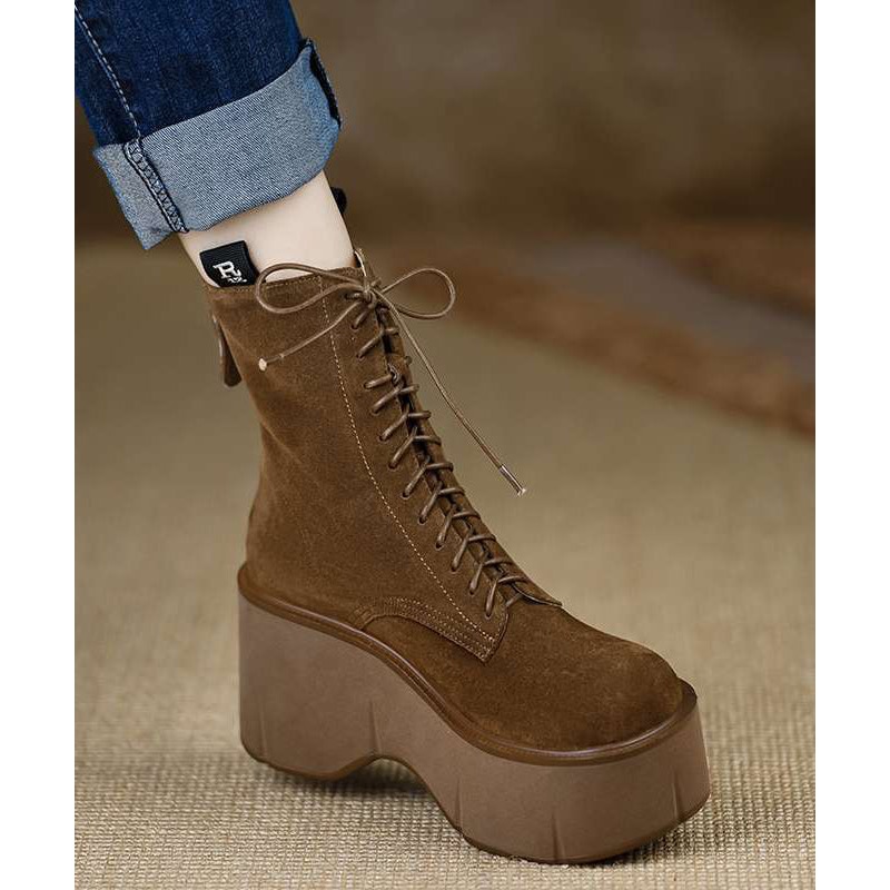 New Brown Wedge Suede Unique Splicing Lace Up Boots