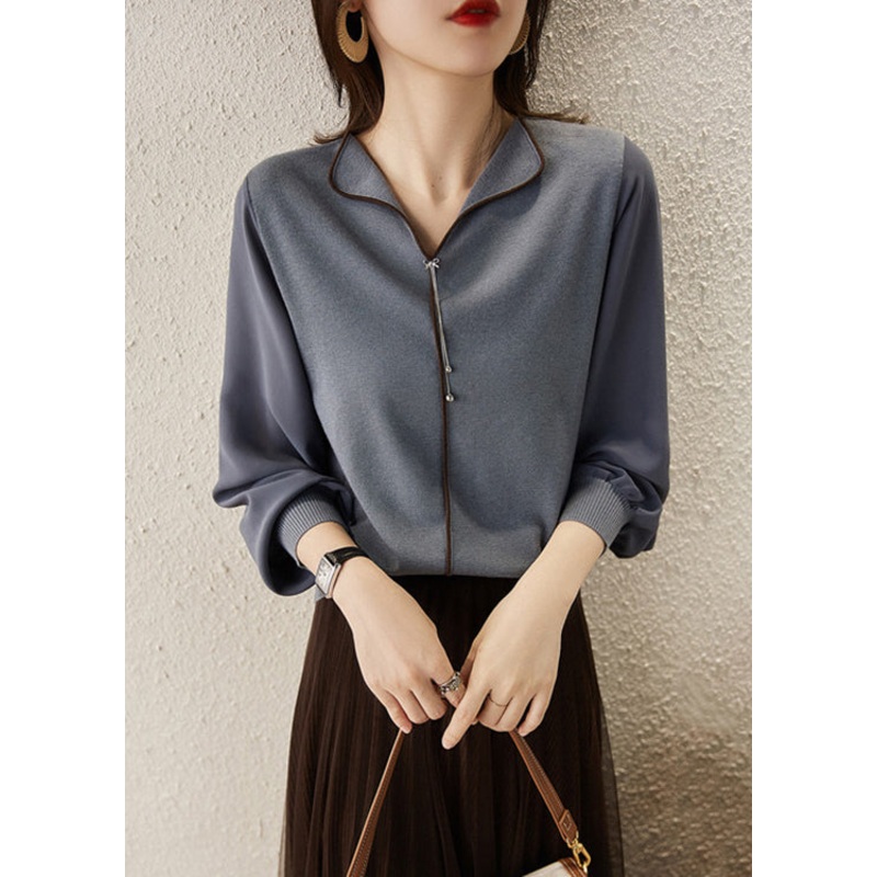 New Grey V Neck Chiffon Patchwork Knit Top Bracelet Sleeve