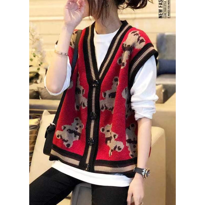 New Red V Neck Cartoon Print Patchwork Knit Vest Sleeveless