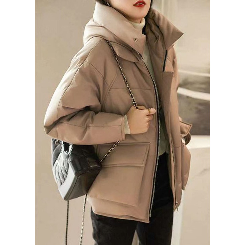 Organic Khaki Hooded Pockets Patchwork Sheepskin Duck Down Puffers Jackets Winter