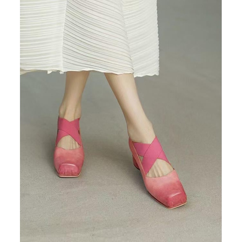 Pink Chunky Heel Horsehide Elegant Splicing Cross Strap