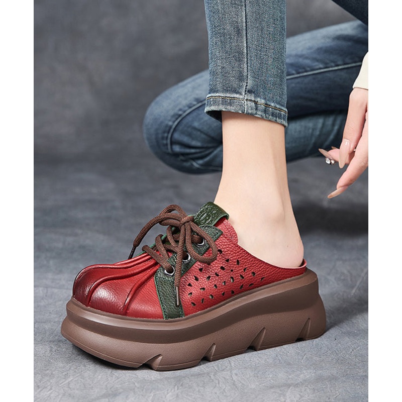 Red Hollow Out Lace Up Splicing Platform Slide Sandals