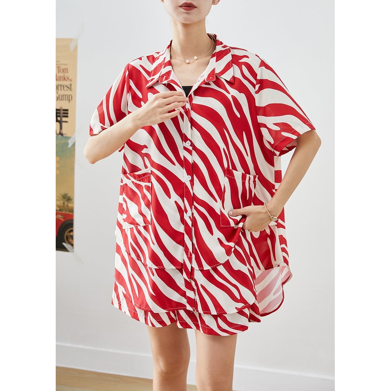 Red Striped Patchwork Spandex Two Piece Suit Set Oversized Summer