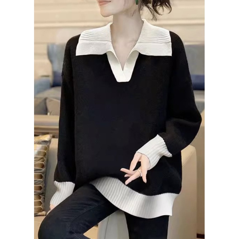 Simple Black Peter Pan Collar Thick Patchwork Knit Sweaters Fall